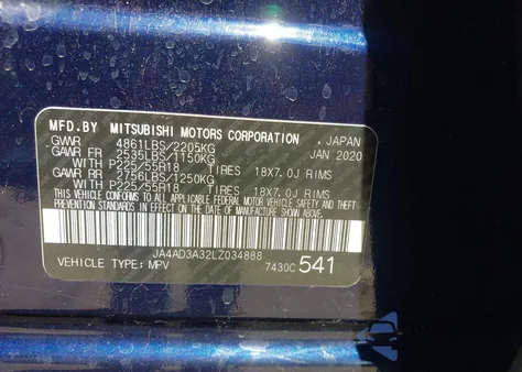 2020 Mitsubishi Outlander Le 2.4 из США, поврежденный, VIN JA4AD3A32LZ034888